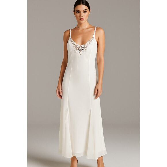 Valerie Stevens Sheer Slip Dress Lace Detailing Maxi chiffon pale yellow lace LG - Picture 1 of 9
